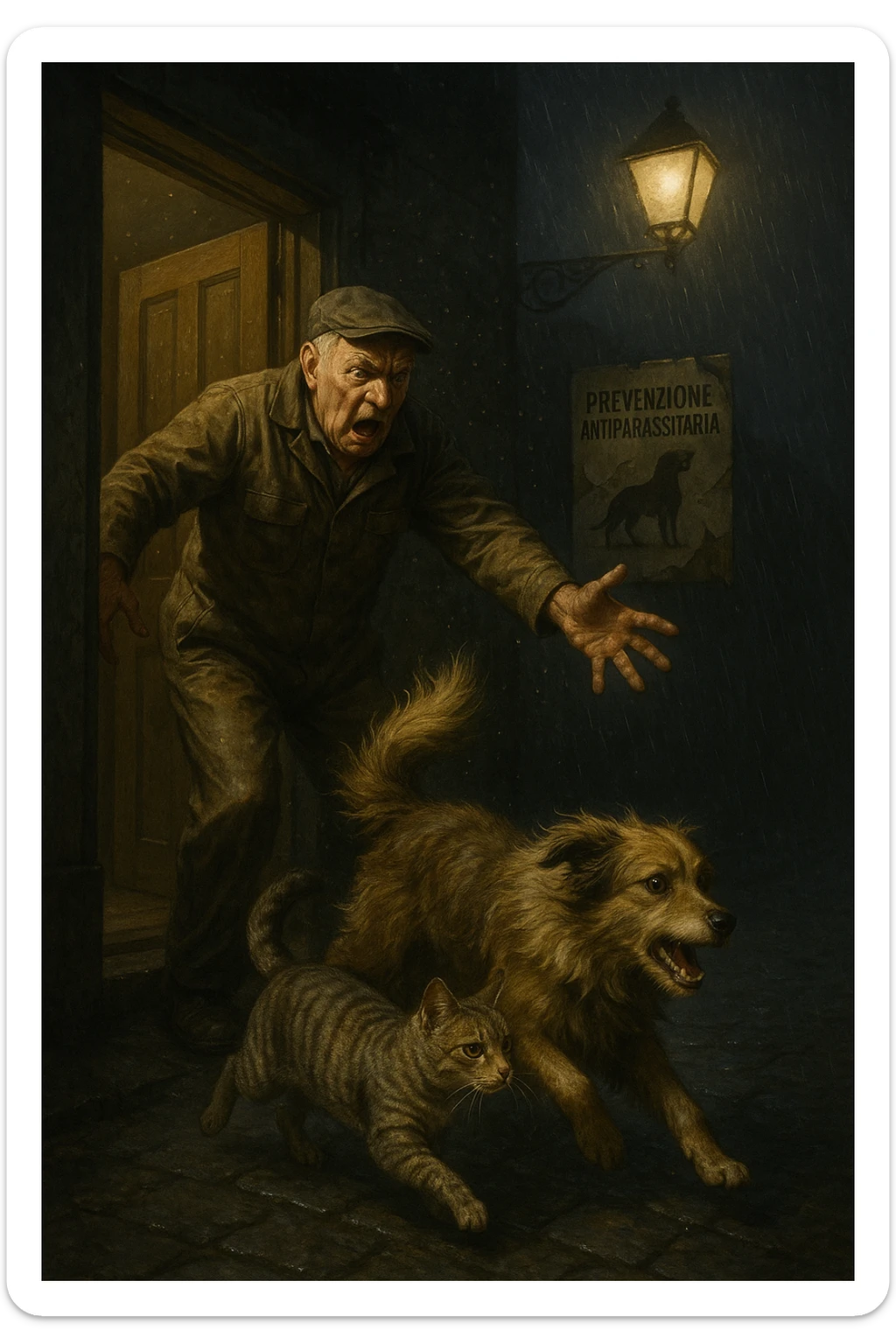 Un uomo anziano in tuta da lavoro, con espressione arrabbiata, butta fuori i suoi animali con aperta la porta di casa mentre il suo cane (un meticcio a pelo lungo) e il gatto (soriano) scappano nella strada buia sotto la pioggia. Particelle di polvere/pulci fluttuano nell'aria illuminata dal lampione. Sullo sfondo, un poster strappato del veterinario con scritto 'Prevenzione antiparassitaria'. Stile fotorealistico, illuminazione Caravaggesca, toni grigi e ocra. in italiano sticker