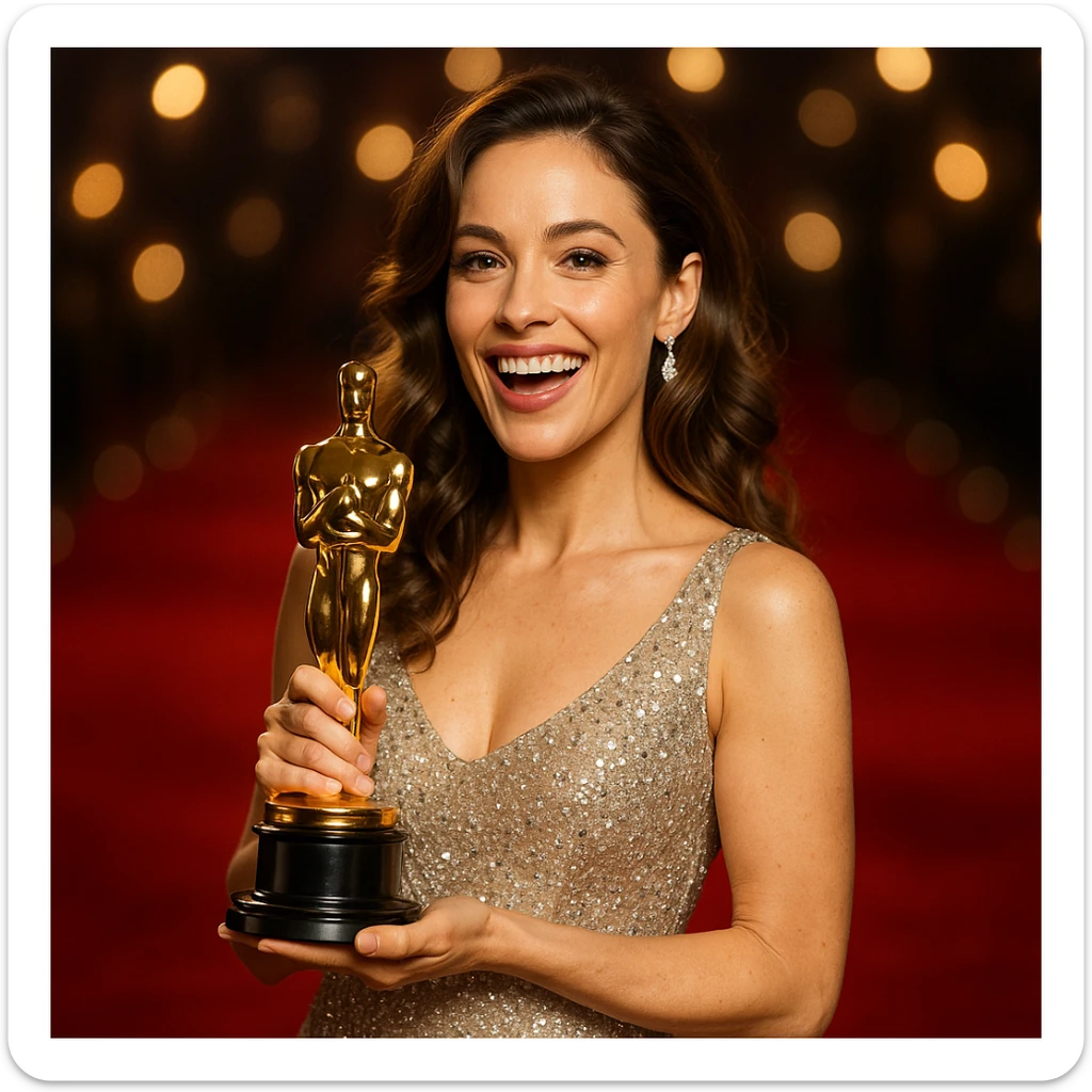 a Hollywood film star holding an Oscar trophy, sparkling dress, joyful expression sticker