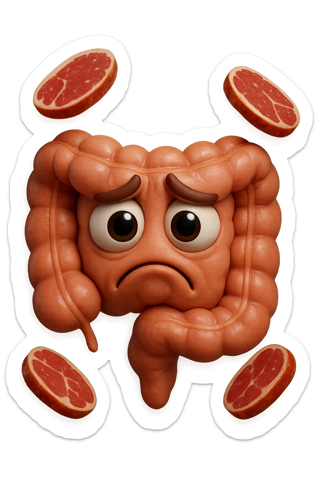 emoji stile iphone in 3d di un intestino triste con fette di carne che gli fluttuano intorno, gli occhi falli con la parte bianca pure, iperrealistico 4k sticker