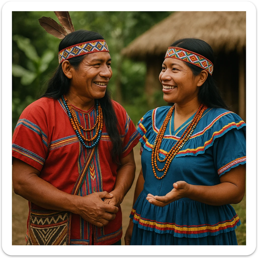 Two indigenous people from Costa Rica, a man and a woman, chatting together with details of culture and traditional Costa Rican clothing. sticker