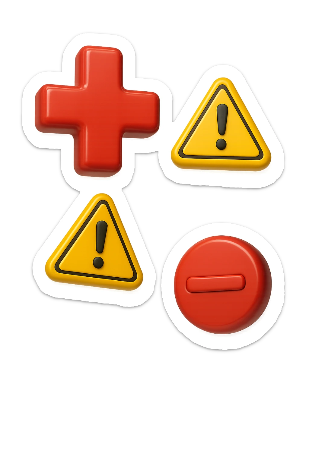 emoji stile iphone dei simboli "+" e "-" rossi in 3d che fluttuano in aria insieme a segnali di pericolo, FALLO MOLTO REALISTICO IN 3D sticker