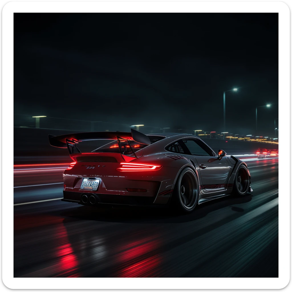Shot and Directed by Quentin Tarantino, Cinematic still of a porsche 911, gt3 rs, night photo, red lights and blue bright night  sticker