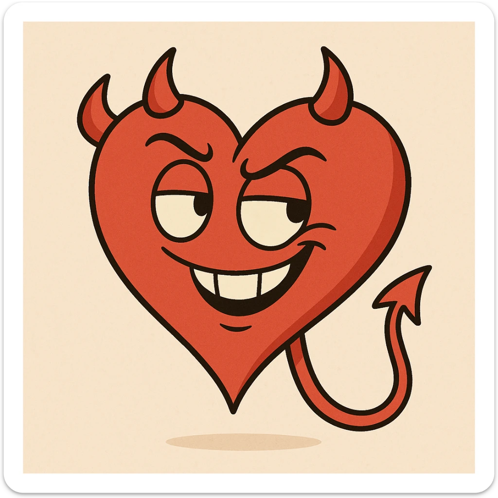 cartoon heart with devil horns and tail, bright red, playful expression sticker