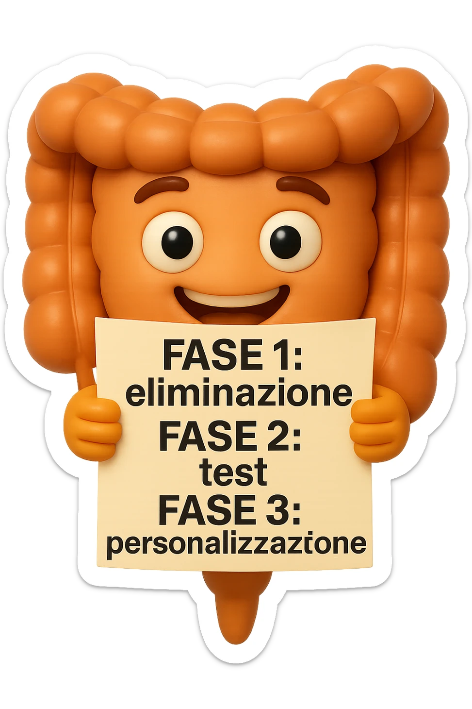 emoji stile iphone 3d di un intestino che tiene in mano un foglio con la scritta "FASE 1: eliminazione, FASE 2: test, FASE 3: personalizzazione, IPERREALISTICO 4K sticker