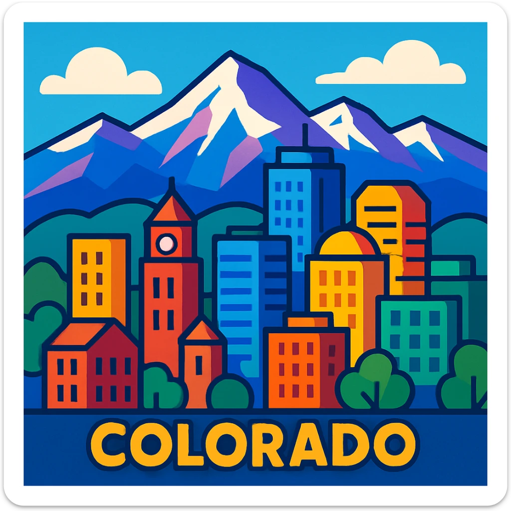 stylized illustration of a Colorado city skyline with mountains in the background, vibrant colors, clean lines sticker