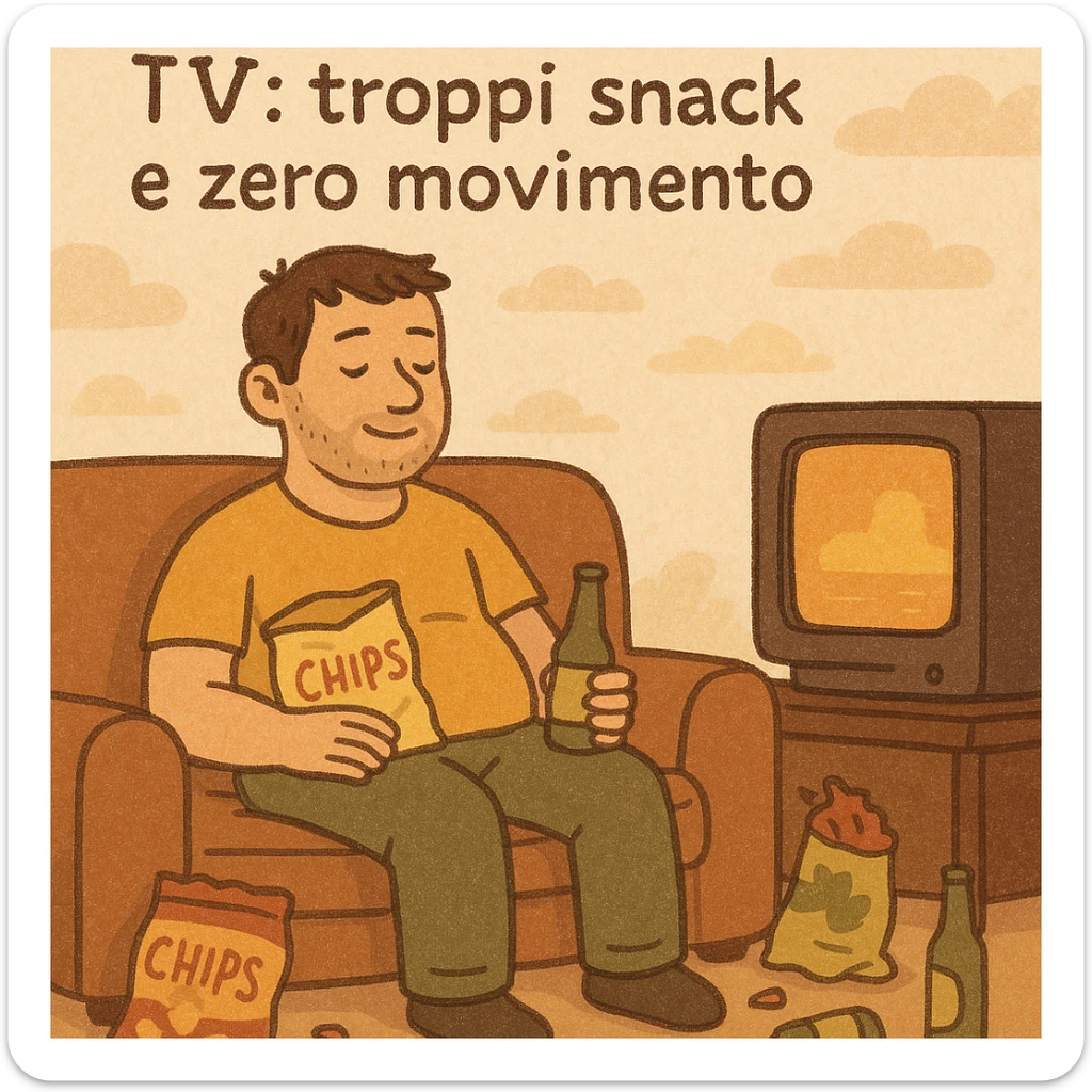 Uomo di 30 anni seduto sul divano, circondato da pacchetti vuoti di patatine, birra e snack, TV accesa su un programma serale, testo in italiano: “Serate davanti alla TV: troppi snack e zero movimento”. sticker