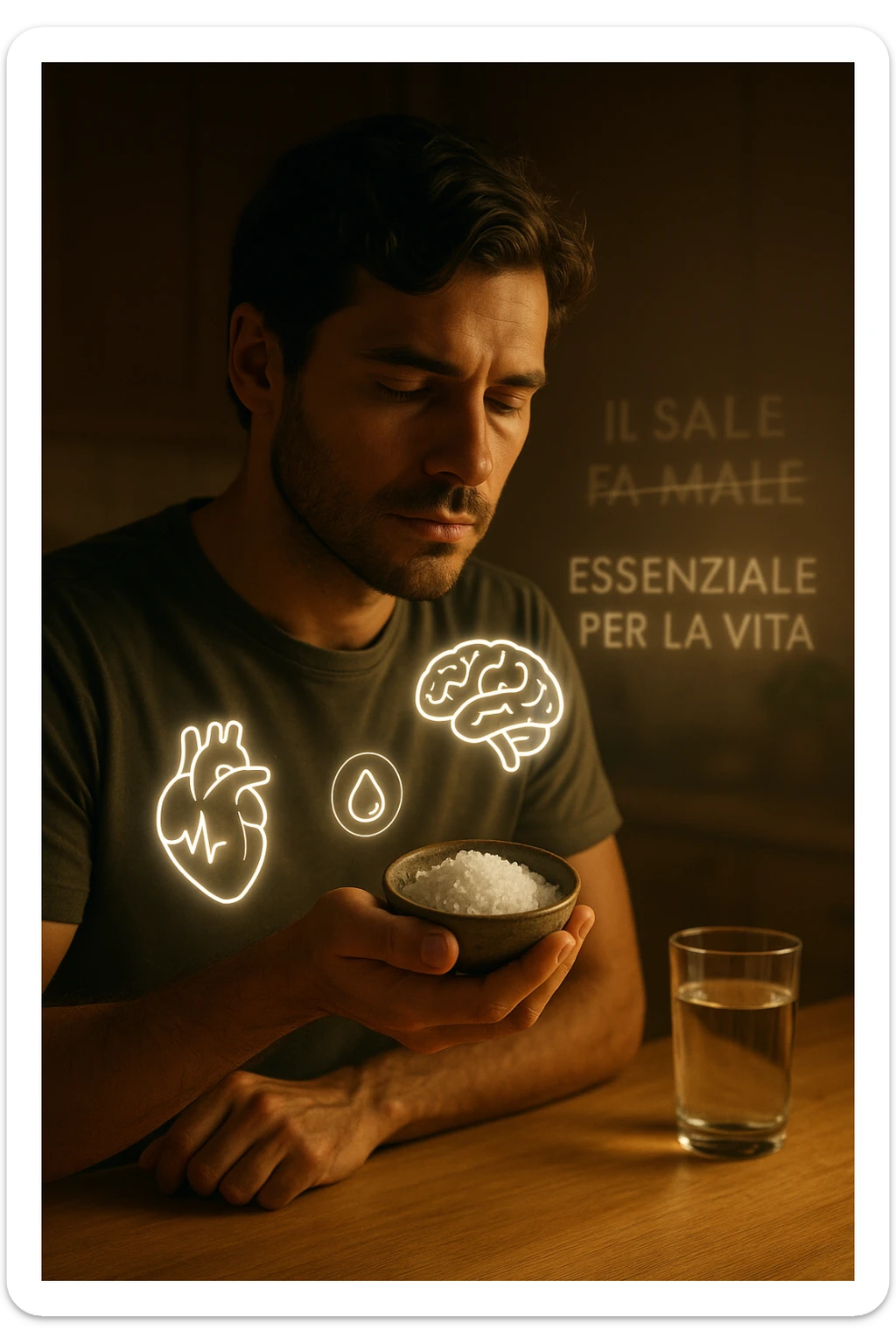 A realistic, cinematic illustration of a man in his early 30s holding a small bowl of unrefined sea salt in his hand, looking at it with awareness and respect. Around him, glowing minimalistic symbols of a beating heart, a brain, and hydrated cells appear, indicating the essential role of sodium in hydration, nerve conduction, and overall cellular health. In the background, faint text or floating words show the false myths: ‘Il sale fa male’, crossed out gently, while the phrase ‘Essenziale per la vita’ glows softly. The setting is a warm, softly lit kitchen with a glass of water nearby, emphasizing balance. The color palette is warm, natural, and calming, emphasizing that salt, when used consciously, is vital for human health, against common misconceptions demonizing it. sticker
