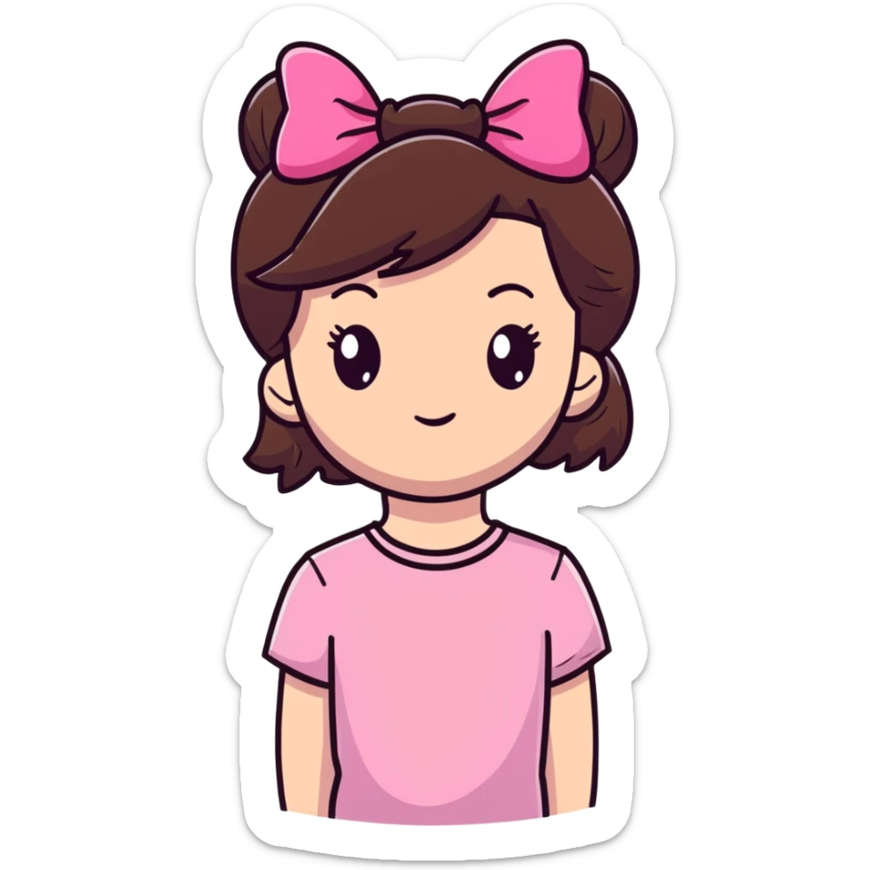 a girl with straight brown hair wearing a pink top with bow clip on hair sticker