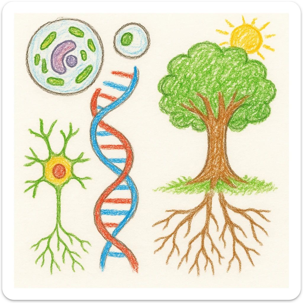 A realistic biological illustration (like in a school book) showing: DNA strands transitioning into a tree, cells with visible organelles, neurons connected to plant roots  and a balanced ecosystem background . Seamless integration, no labels or borders, complete white background (not off white!), detailed but minimalist.  sticker