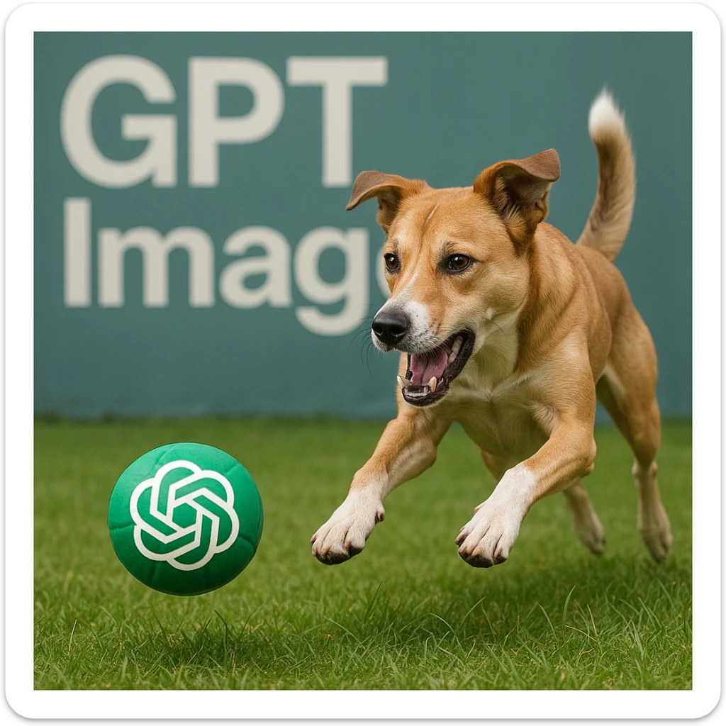  logo of chat gpt with text "GPT Image" on the background of a dog chasing ball, realistic image sticker