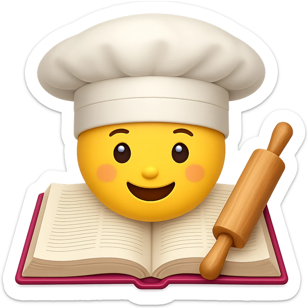 Create an emoji style image of a chef hat on top of a cookbook with a rolling pin. The style should resemble apple style emojis with clear, concise details and vibrant colors. sticker