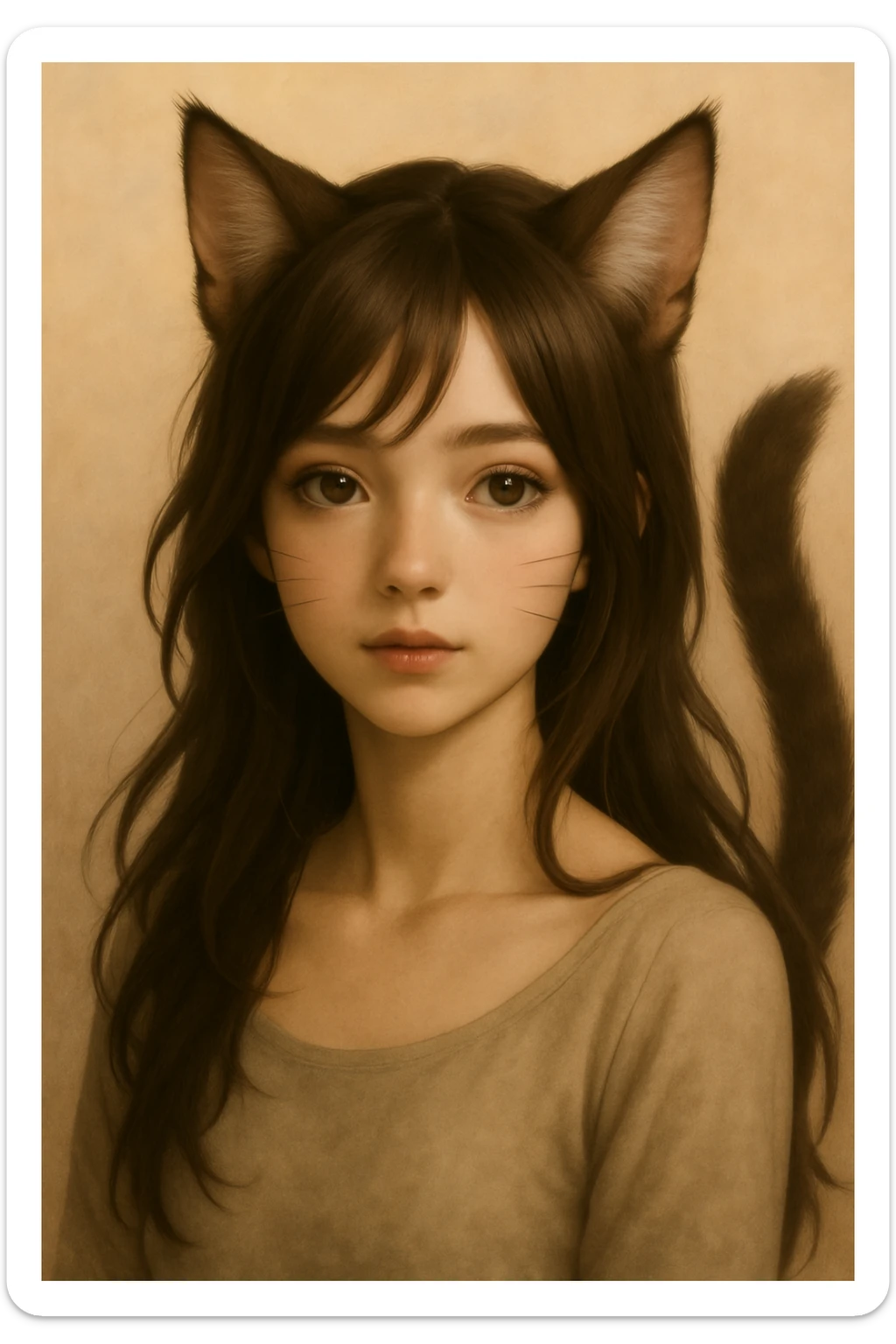 Add more cat-like features including prominent cat ears, whiskers, feline nose, and a fluffy tail, in a realistic anime style. sticker