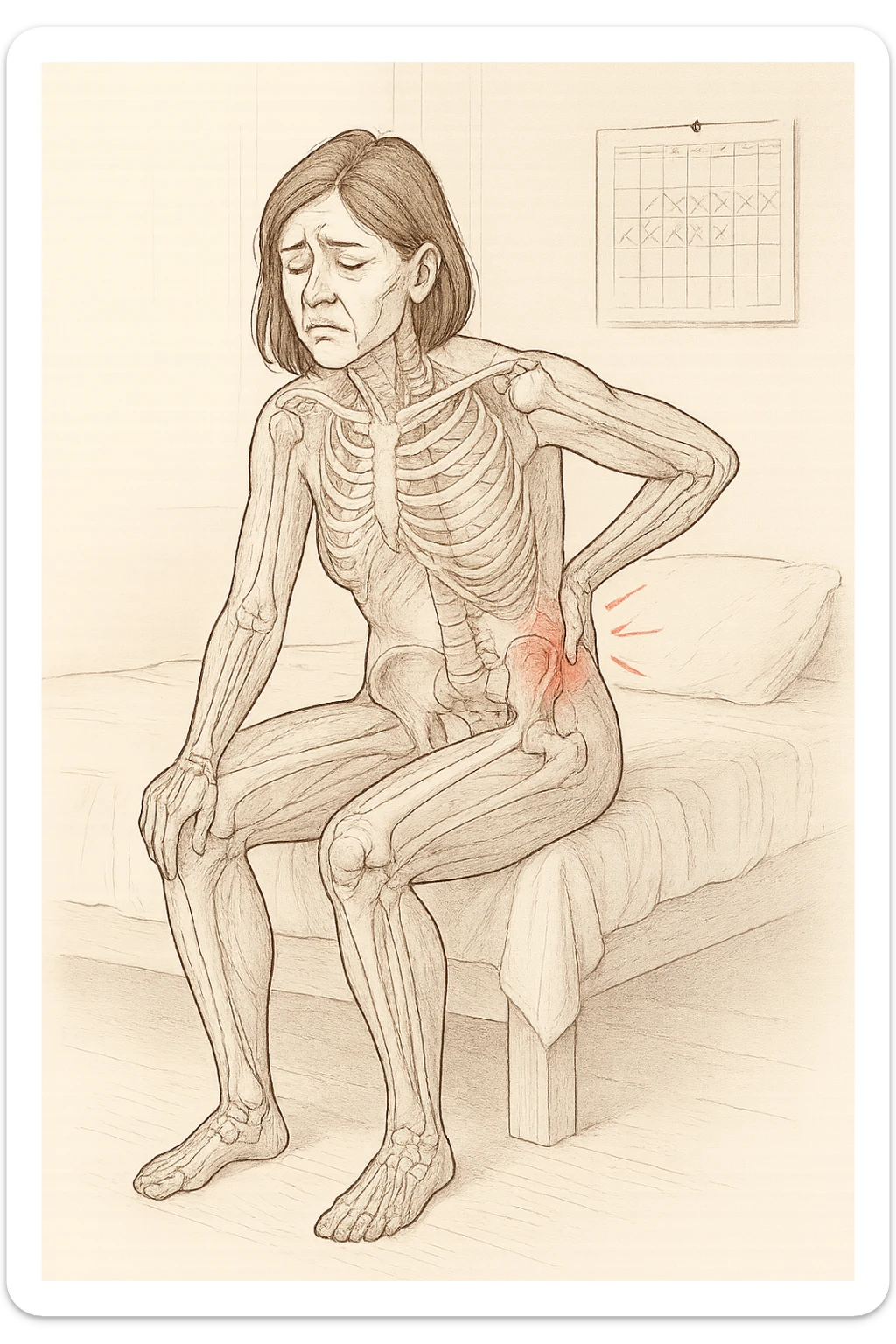 a woman in her 30s sits on the edge of her bed in the morning, holding her lower back with a pained expression. Subtle visual cues, like uneven shoulders or hips, hint at postural asymmetry. The room is softly lit, and a calendar on the wall shows months crossed off, symbolizing chronic pain over the years. vista anatomicamente sticker