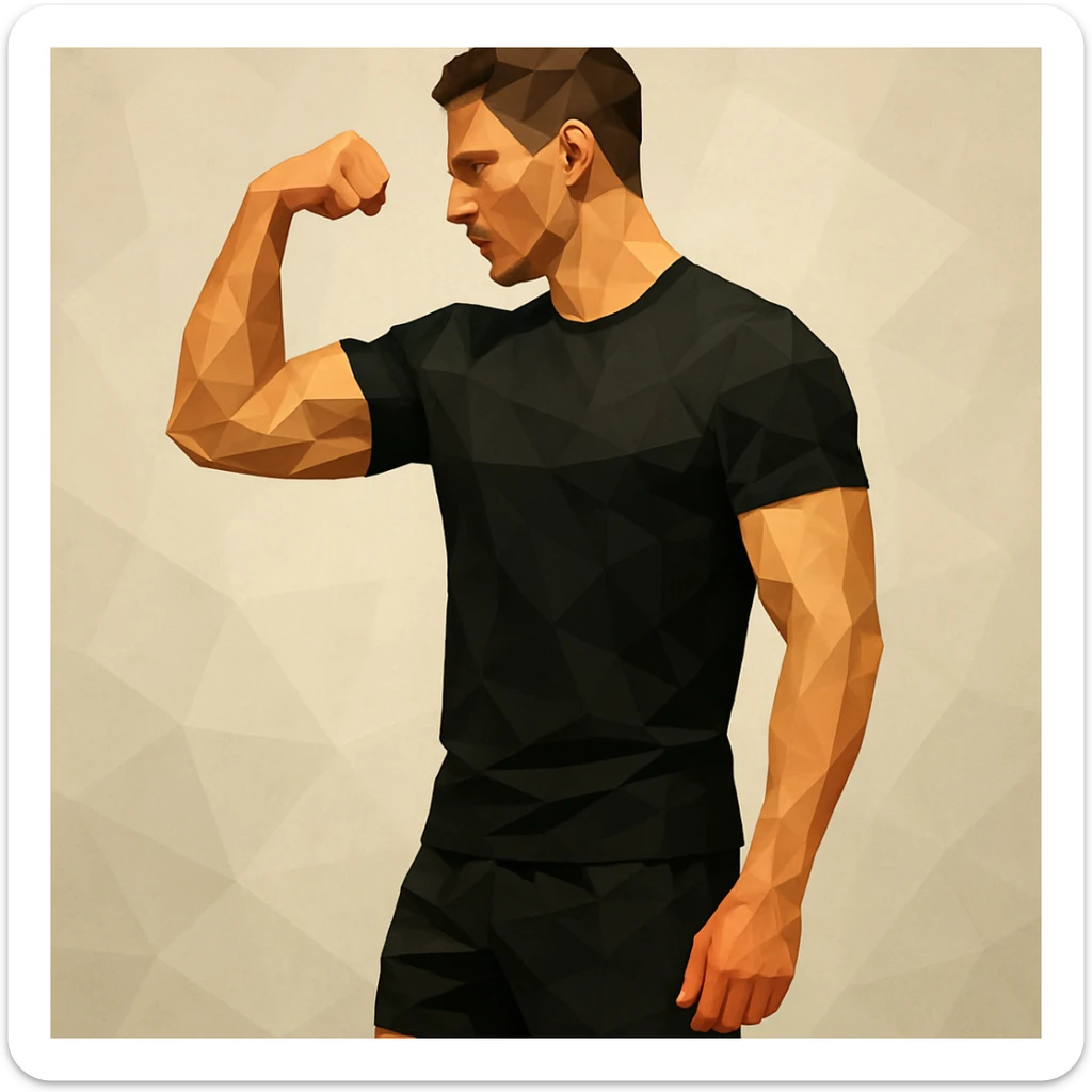 Athletic man in black shorts and black t-shirt stands sideways and shows biceps sticker