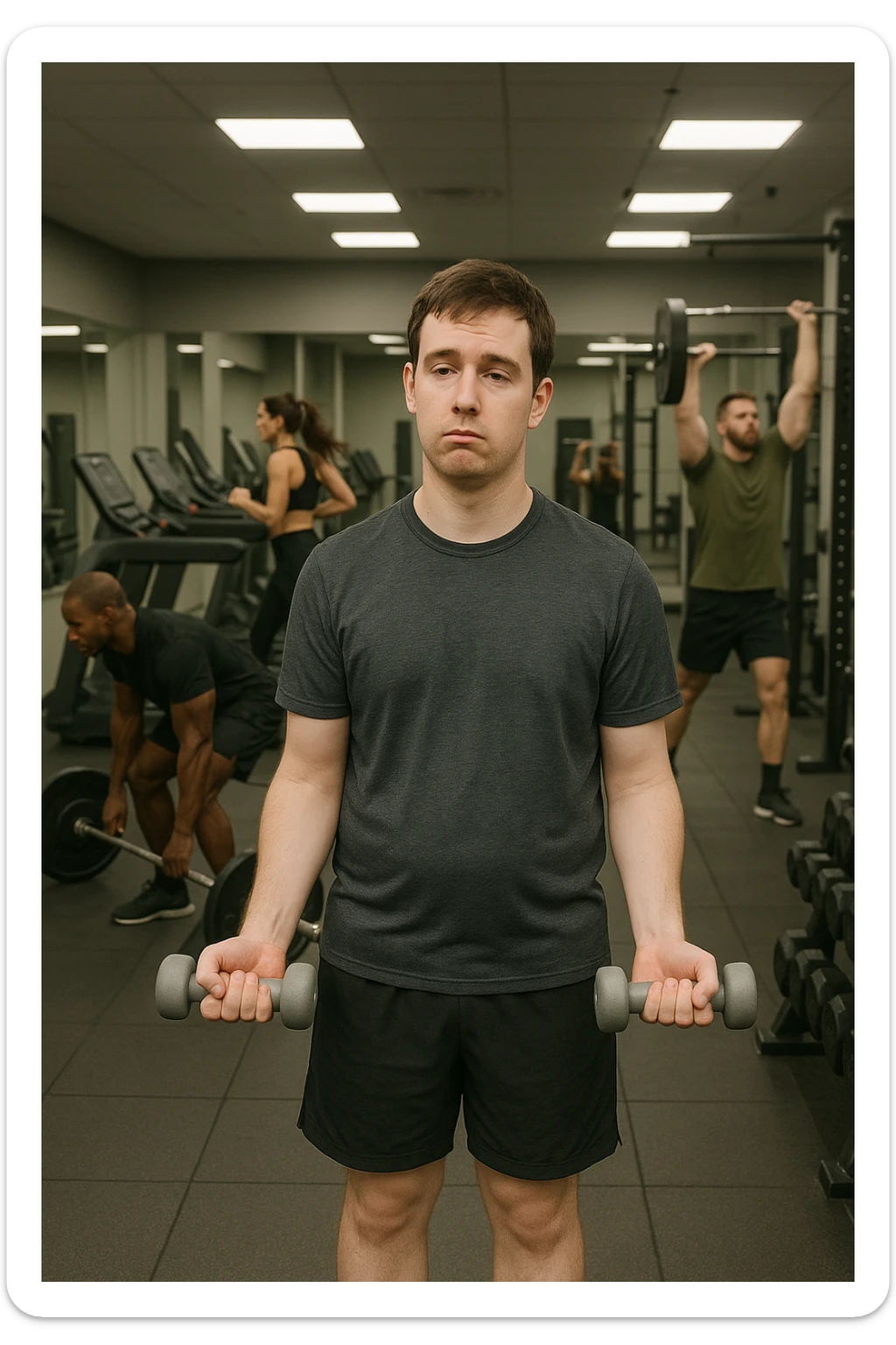 Uomo in palestra moderna, vestito con abbigliamento sportivo, mentre solleva manubri molto leggeri con espressione annoiata o poco coinvolta. Intorno a lui, altri atleti si allenano intensamente. Il suo fisico appare poco sviluppato o non in progresso. Atmosfera statica, senza sudore o fatica visibile, specchi puliti e attrezzi poco usati. Luce artificiale da palestra, ambiente pulito ma scena visivamente 'vuota' di sforzo sticker