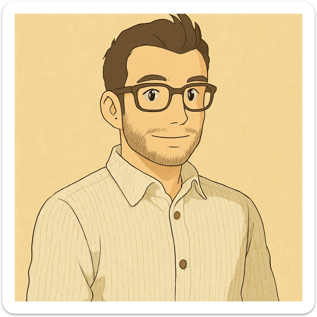 Change the shirt to a ribbed textured linen fabric and make the smile a little smaller, keeping the rest of the Ghibli style portrait unchanged. sticker