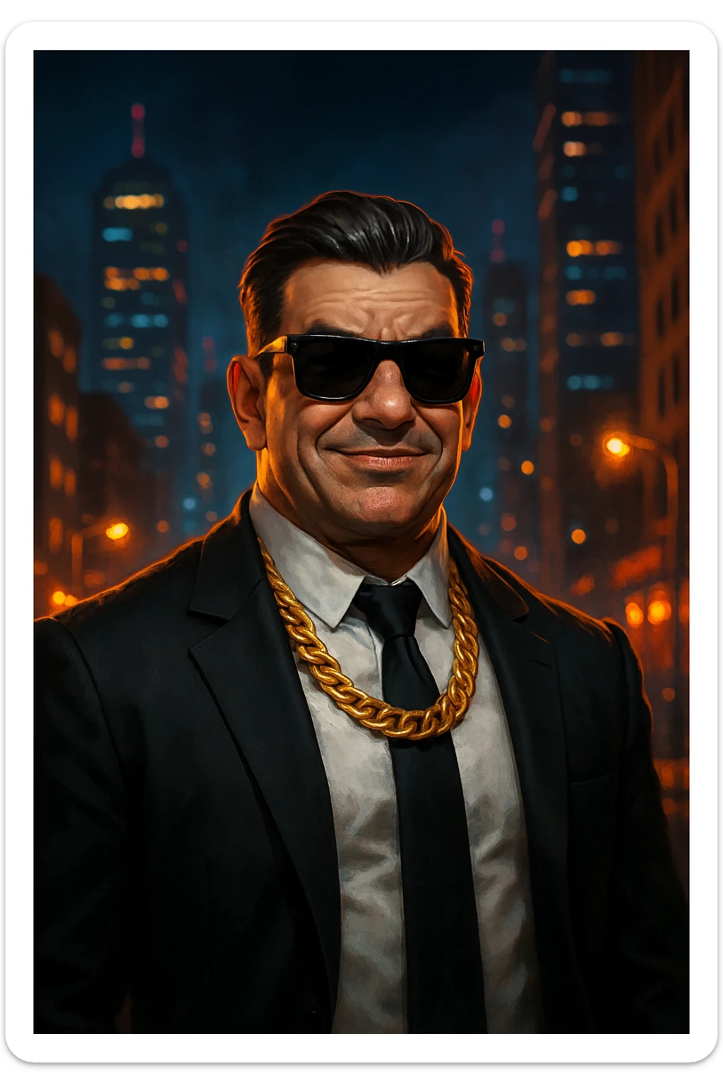 mafia boss, modern suit, sunglasses, gold chain, confident smirk, city night background sticker