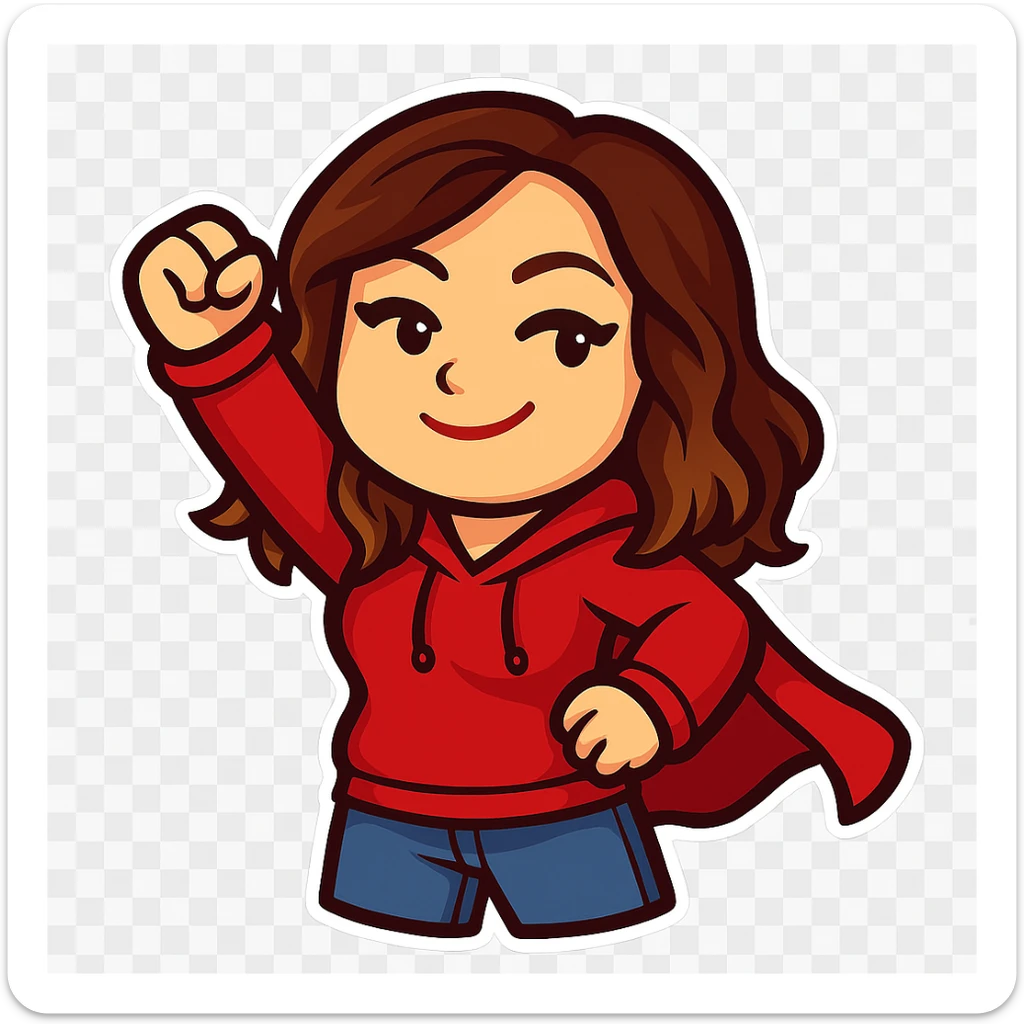Sticker style chibi emote of the woman from the reference images, wearing a red hoodie and jeans, superhero cape pose, no headband, no sparkles, no wand, transparent background. sticker
