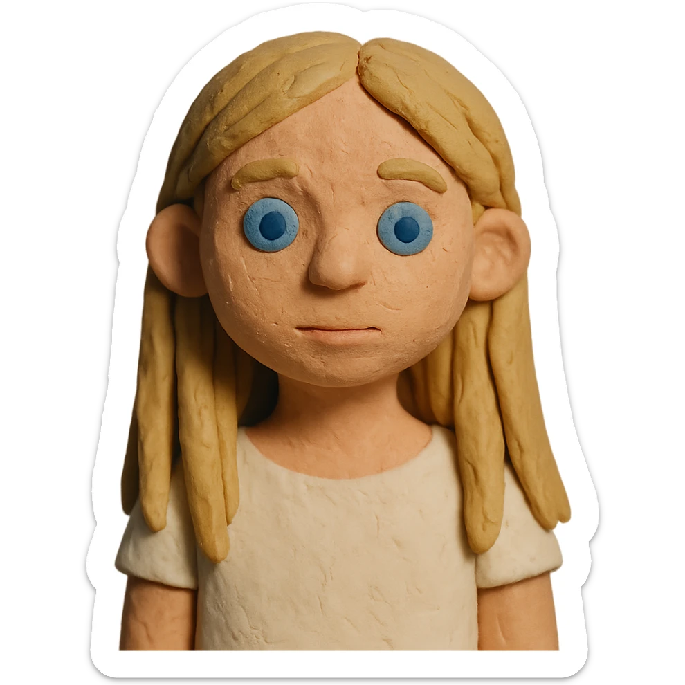 girl with long dirty blond hair, blue eyes, wearing a white top in claymation style sticker