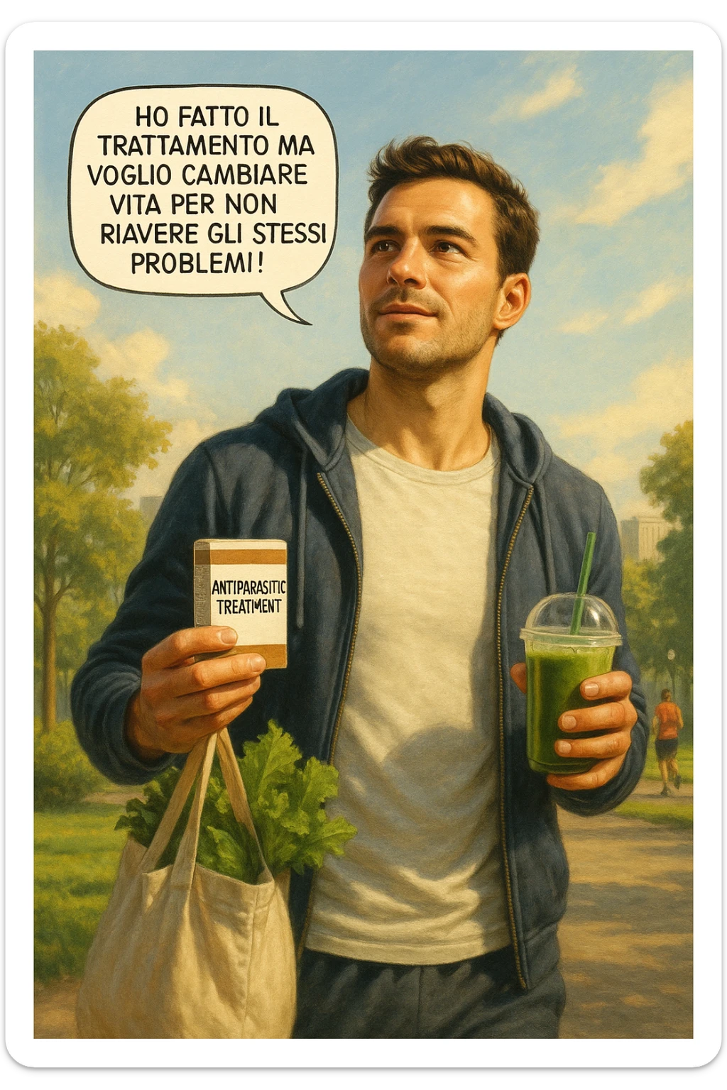 A realistic, cinematic illustration of a man in his early 30s with a determined and hopeful expression, standing outside under a bright morning sky, holding a small box labeled 'Antiparasitic Treatment' in one hand, while in the other hand he holds a fresh green smoothie or a bag of vegetables. A speech bubble near him says: ‘Ho fatto il trattamento ma voglio cambiare vita per non riavere gli stessi problemi!’ The man is wearing casual but clean and sporty clothing, symbolizing a fresh start, with the background showing a city park with green trees, morning light, and people jogging, indicating a healthy lifestyle. The atmosphere is bright, uplifting, and motivating, clearly illustrating the transition from treatment to lifestyle change to prevent future health issues. The style is realistic with warm tones, showing positive energy and commitment to change in italiano sticker