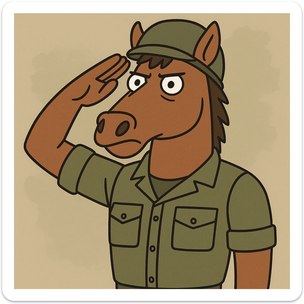 brown horse with an army vibe, cartoon style, saluting with a determined expression sticker