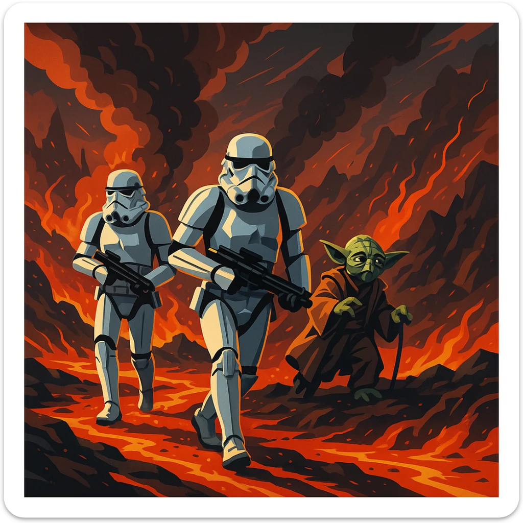 vector art of a Starwars stormtroopers is walking on lava planet with yoda, battleground background

 sticker