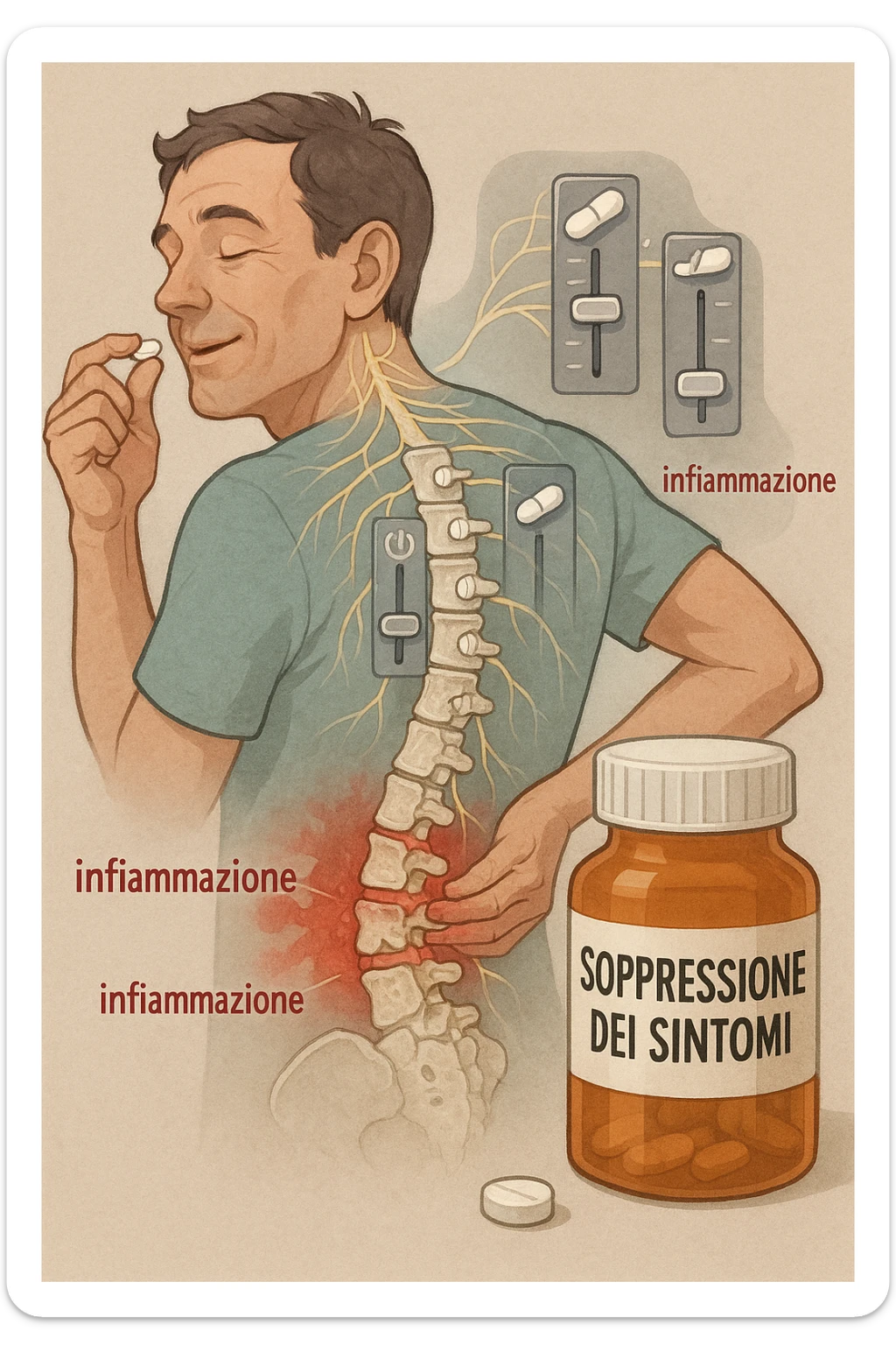Man taking pain medication for chronic back pain, pills shown as dimmer switches turning down pain signals in transparent nervous system overlay, underlying spinal damage remaining completely untreated and worsening, expression of temporary relief masking progressive deterioration, medication bottle labeled 'symptom suppression' not 'cure', root cause inflammation continuing to spread in italiano sticker