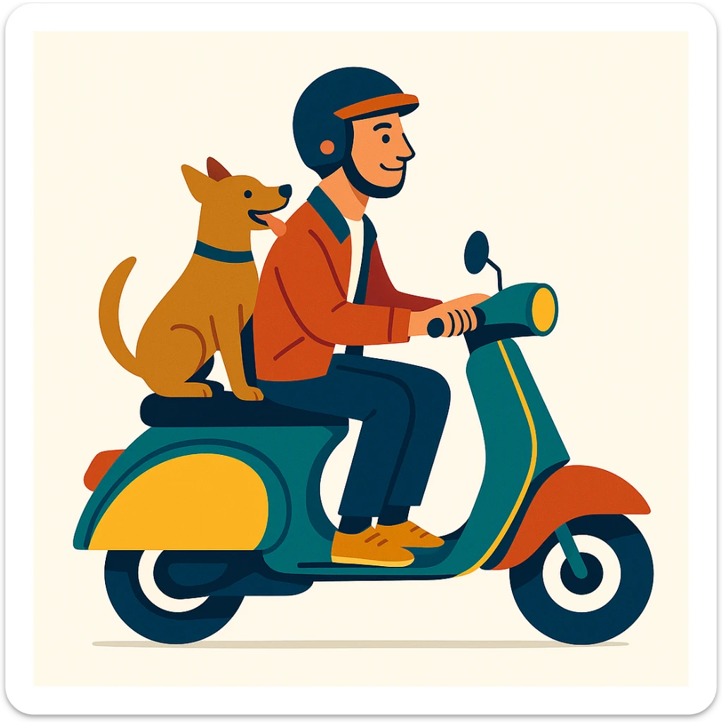 vector art of a man and his pet dog riding a vespa, for website design  sticker