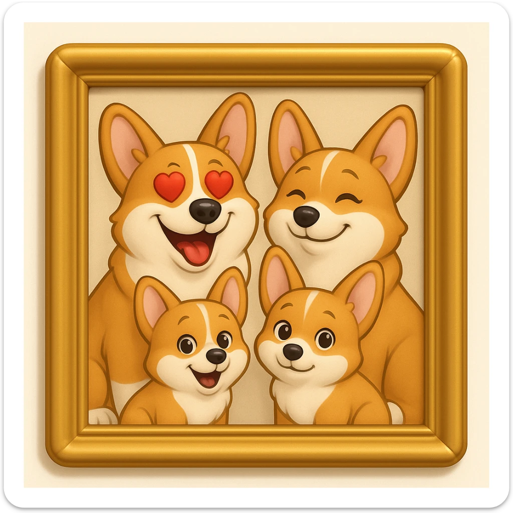 Make the lines and style of the corgi family photo match the 3D emoji look and line quality of the reference image, with smooth, soft shading and a playful, expressive feel. Keep the family photo in a decorative frame. The style should resemble the 3D emoji style with smooth and soft shading, playful and expressive. sticker