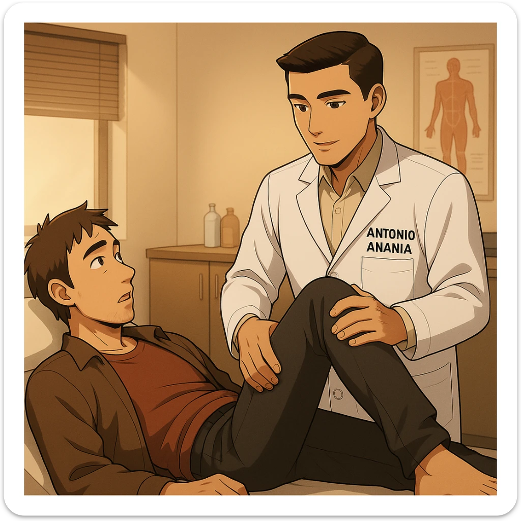fai un webtoon manga a colori con questo stile, in cui un uomo è steso sul lettino medico e il kinesiologo con il camice bianco (fagli anche la scritta "ANTONIO ANANIA" SUL CAMICE, gli solleva una gamba per fargli il test neuromuscolare, IL KINESIOLOGO SPIEGA ALL'UOMO UNA cosa mentre gli alza la gamba. non fare i fumetti però, fai solo in modo che sembri stiano parlando sticker