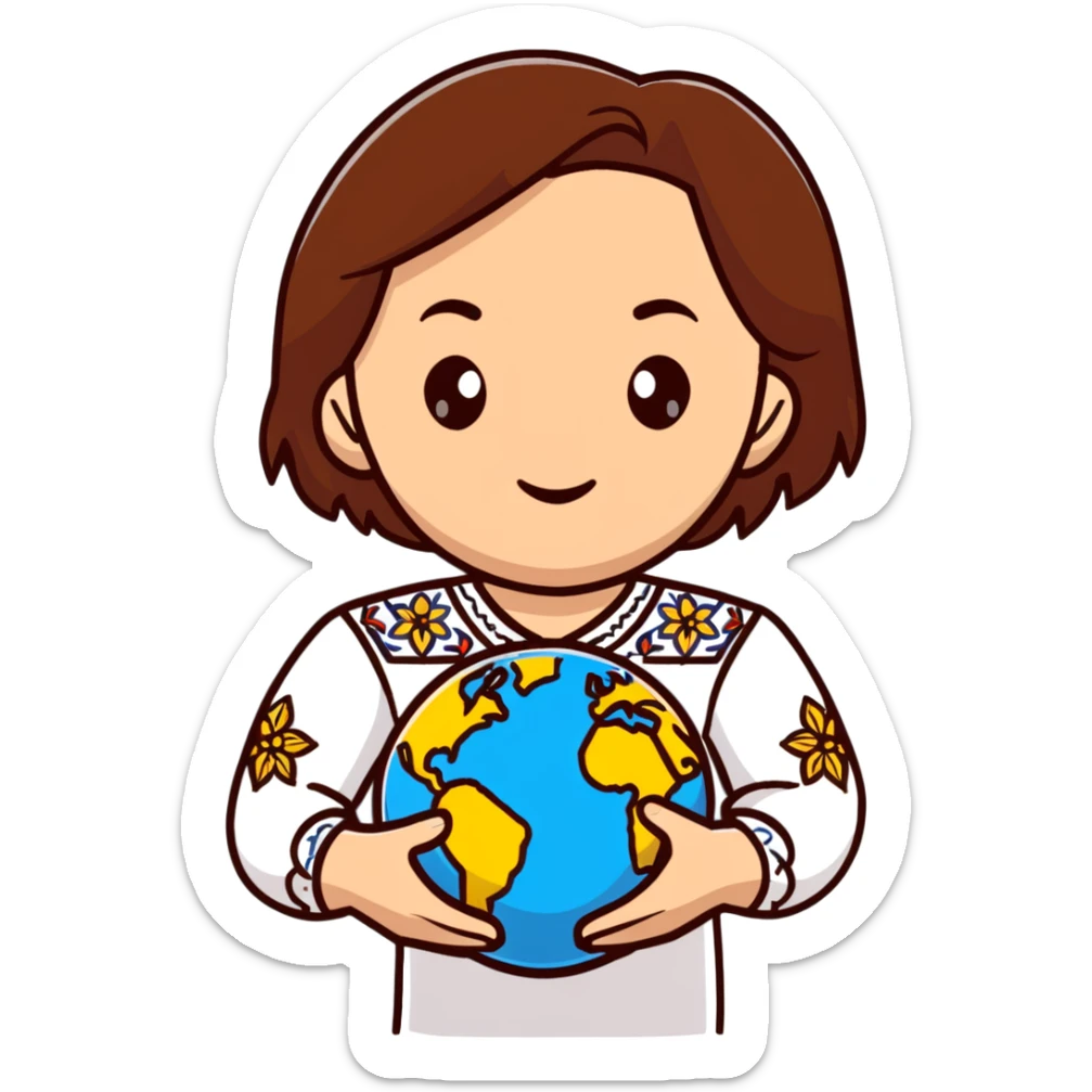 Beautiful young girl with brown hair wearing a white Ukrainian embroidered shirt holding a globe in her hand sticker