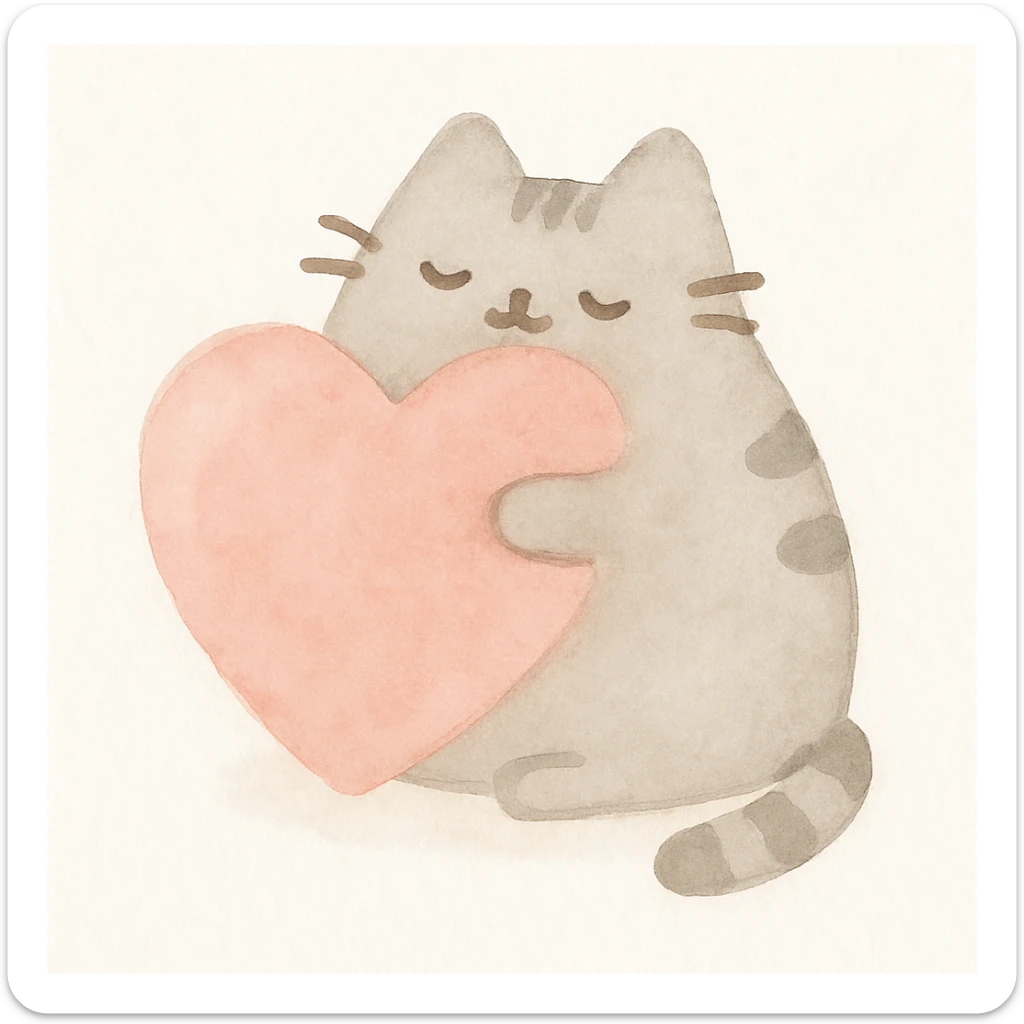 Pusheen hugging a big heart, pastel colors, adorable, watercolor art style sticker