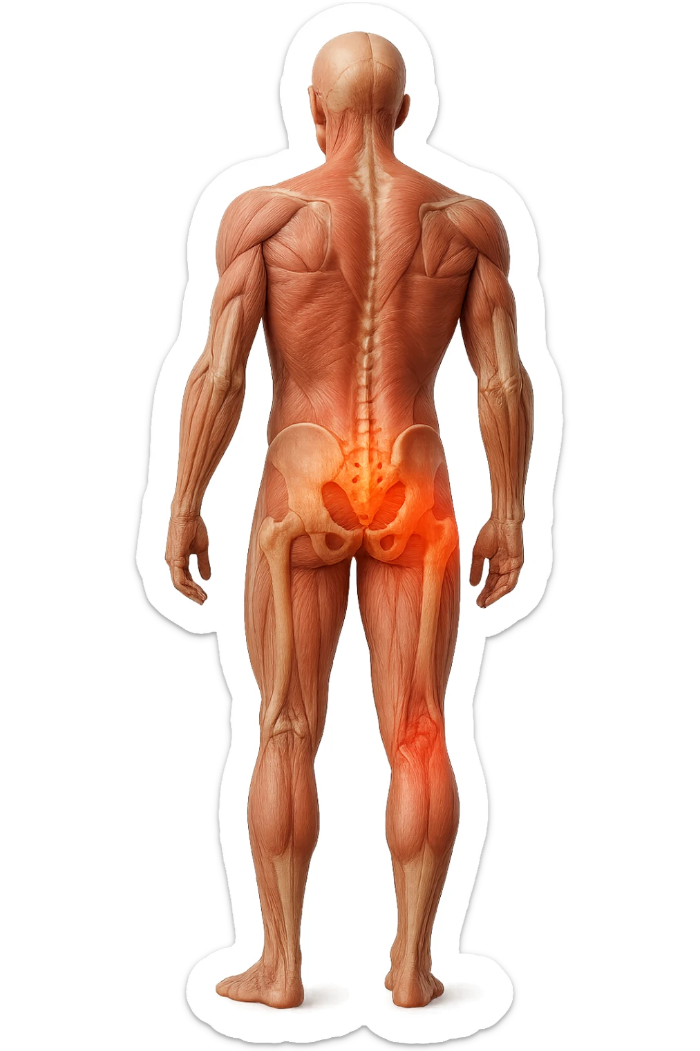 CORPO UMANO ANATOMICO A FIGURA INTERA REALISTICO DI SPALLE CON DOLORE ALLA LOMBARE INFIAMMATA, DOLORE ALL'ANCA, IPERREALISTICO 4K sticker
