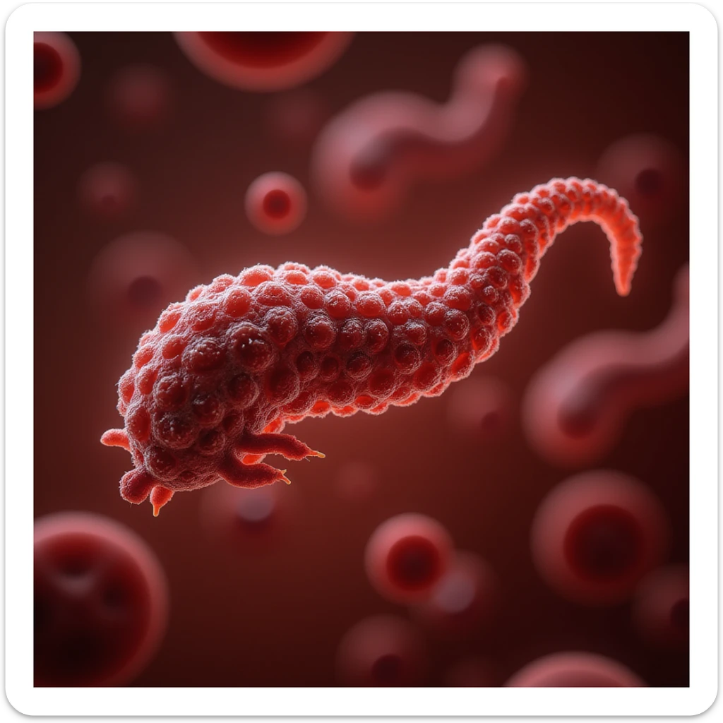 hyperrealistic 4K clinical illustration of Trypanosoma among red blood cells in human blood, extremely realistic microscopic details, medical atmosphere sticker