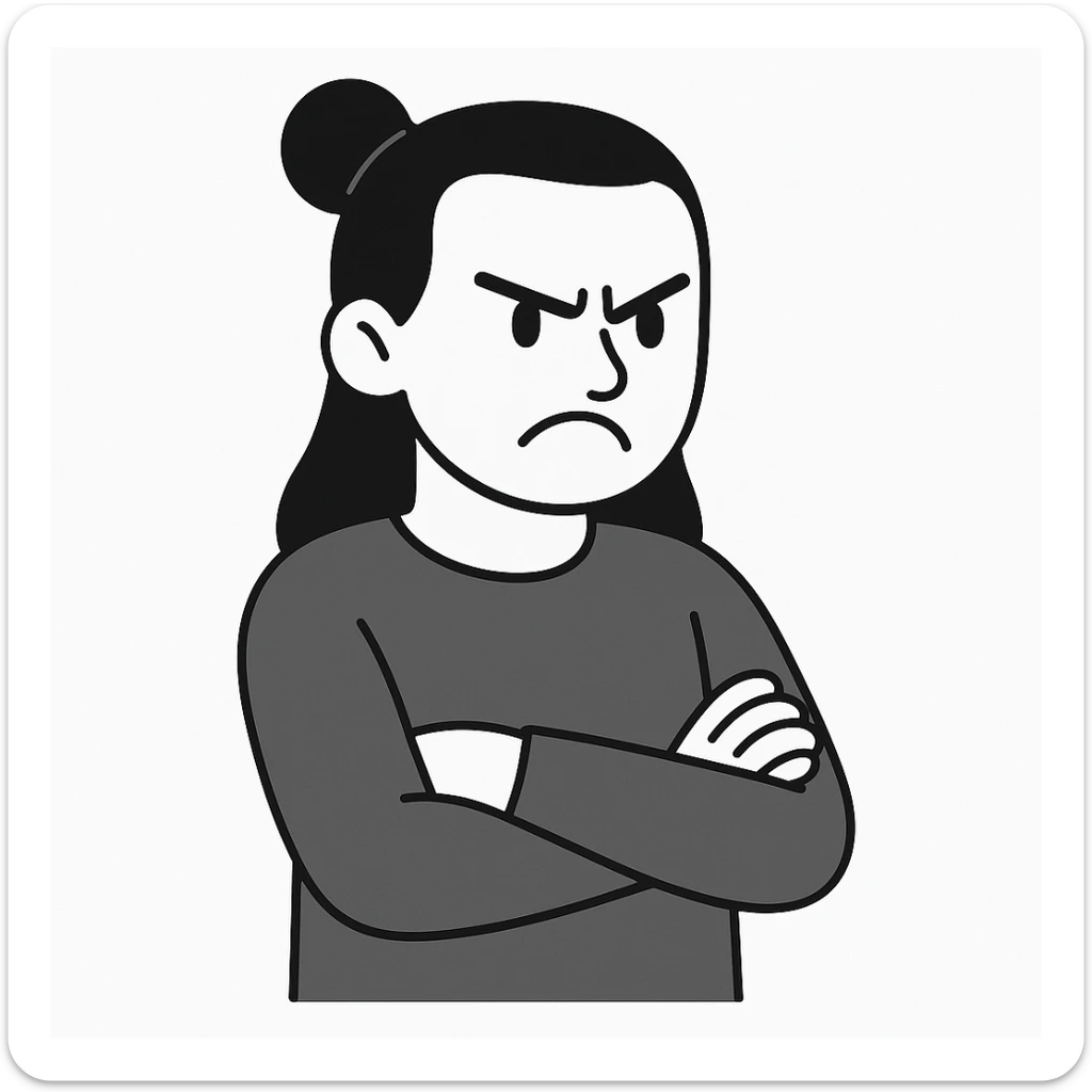 minimalist style angry man with long black hair tied in a bun, arms crossed, dressed in black sticker