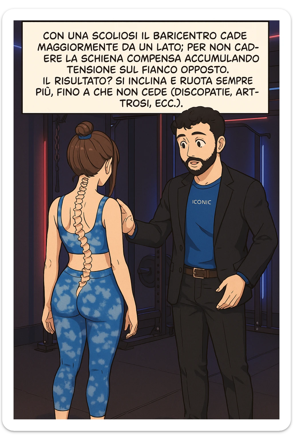 fai questa immagine in versione manga/webtoon a colori, il manga mostra la donna di spalle, mentre l'uomo le tocca la spina dorsale per spiegarle come funziona la scoliosi:
Con una scoliosi il baricentro corporeo cade maggiormente da un lato; per non cadere la schiena compensa accumulando tensione sul fianco opposto.
Il risultato? Si inclina e ruota sempre più, fino a che non cede (discopatie, artrosi, ecc) sticker