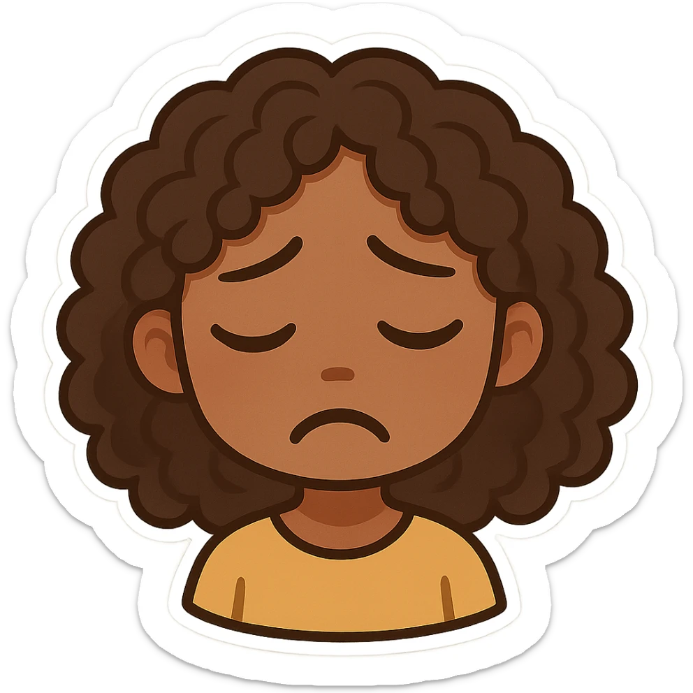 chibi emoji of a female with curly hair and brown skin, sad expression sticker