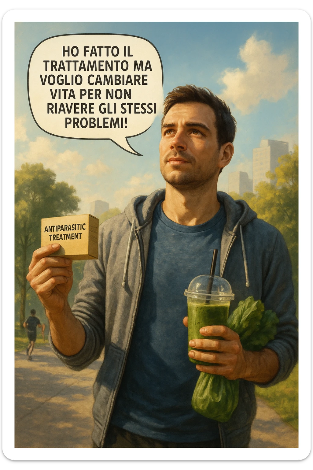 A realistic, cinematic illustration of a man in his early 30s with a determined and hopeful expression, standing outside under a bright morning sky, holding a small box labeled 'Antiparasitic Treatment' in one hand, while in the other hand he holds a fresh green smoothie or a bag of vegetables. A speech bubble near him says: ‘Ho fatto il trattamento ma voglio cambiare vita per non riavere gli stessi problemi!’ The man is wearing casual but clean and sporty clothing, symbolizing a fresh start, with the background showing a city park with green trees, morning light, and people jogging, indicating a healthy lifestyle. The atmosphere is bright, uplifting, and motivating, clearly illustrating the transition from treatment to lifestyle change to prevent future health issues. The style is realistic with warm tones, showing positive energy and commitment to change in italiano sticker
