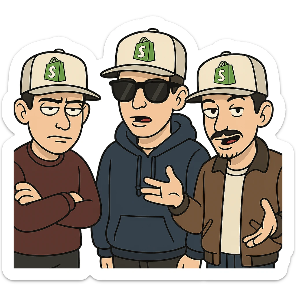the Beastie Boys wearing hats with the Shopify logo sticker