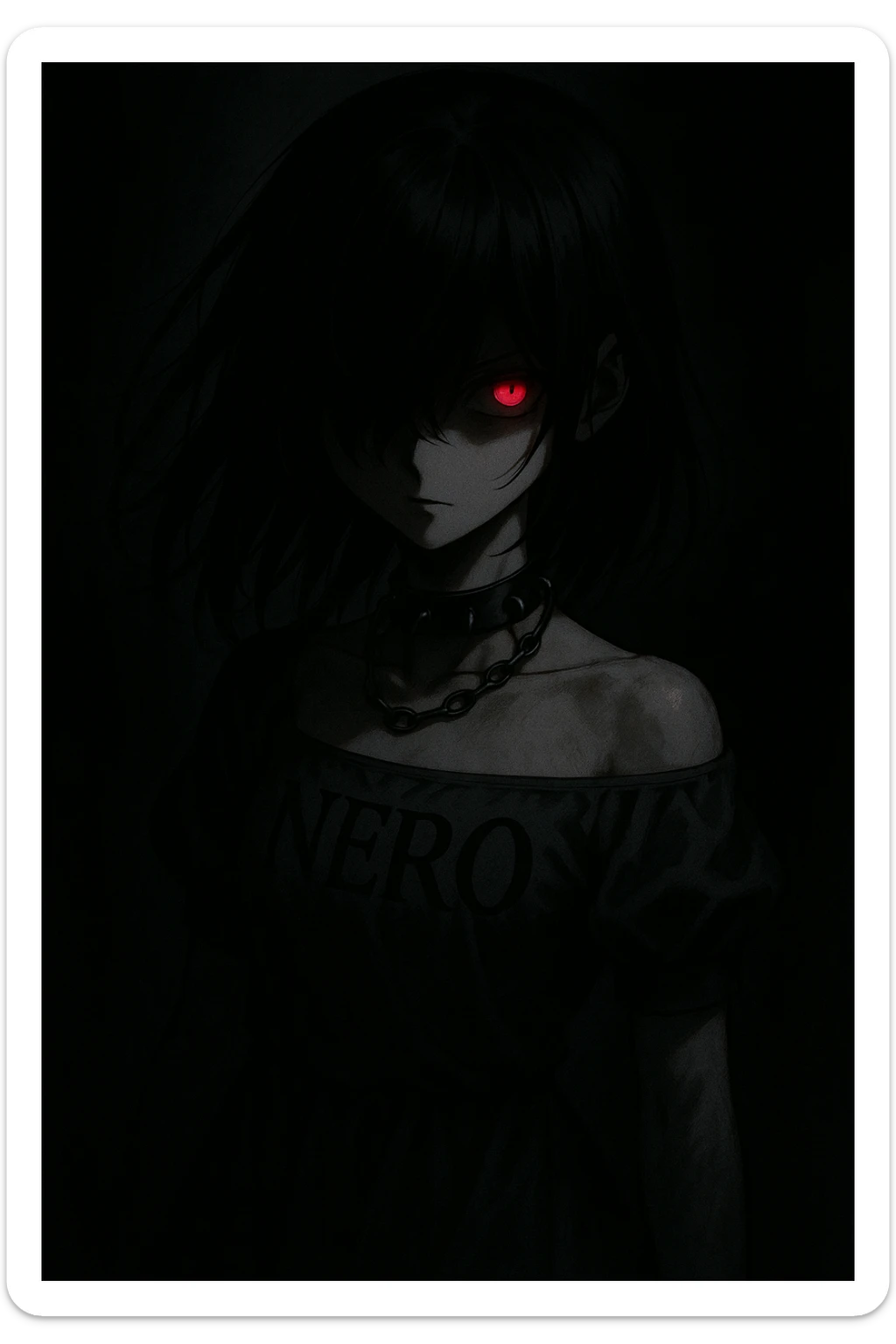 Anime girl emerging from darkness, jet-black hair over her face, turning right. Her left eye glows red with a menacing aura. She wears a black leather necklace with metal rings, and her dress has 'NERO' engraved in bold black script. sticker