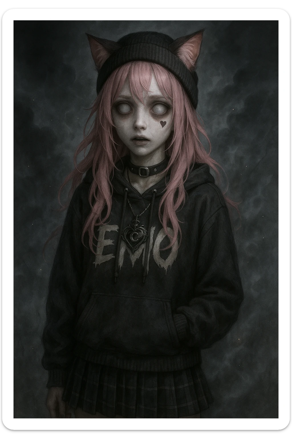 realistic anime catgirl with pink hair, emo streetwear, heart tattoo under left eye, dark magical accessory, sparkles, stormy background, ghostly horror expression with pale face, hollow eyes, faint mist sticker
