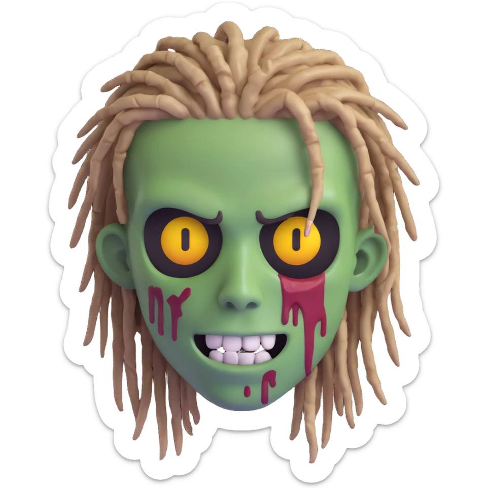 close-up face of zombie boy with dreadlocks hair and black shirt, emoji style sticker