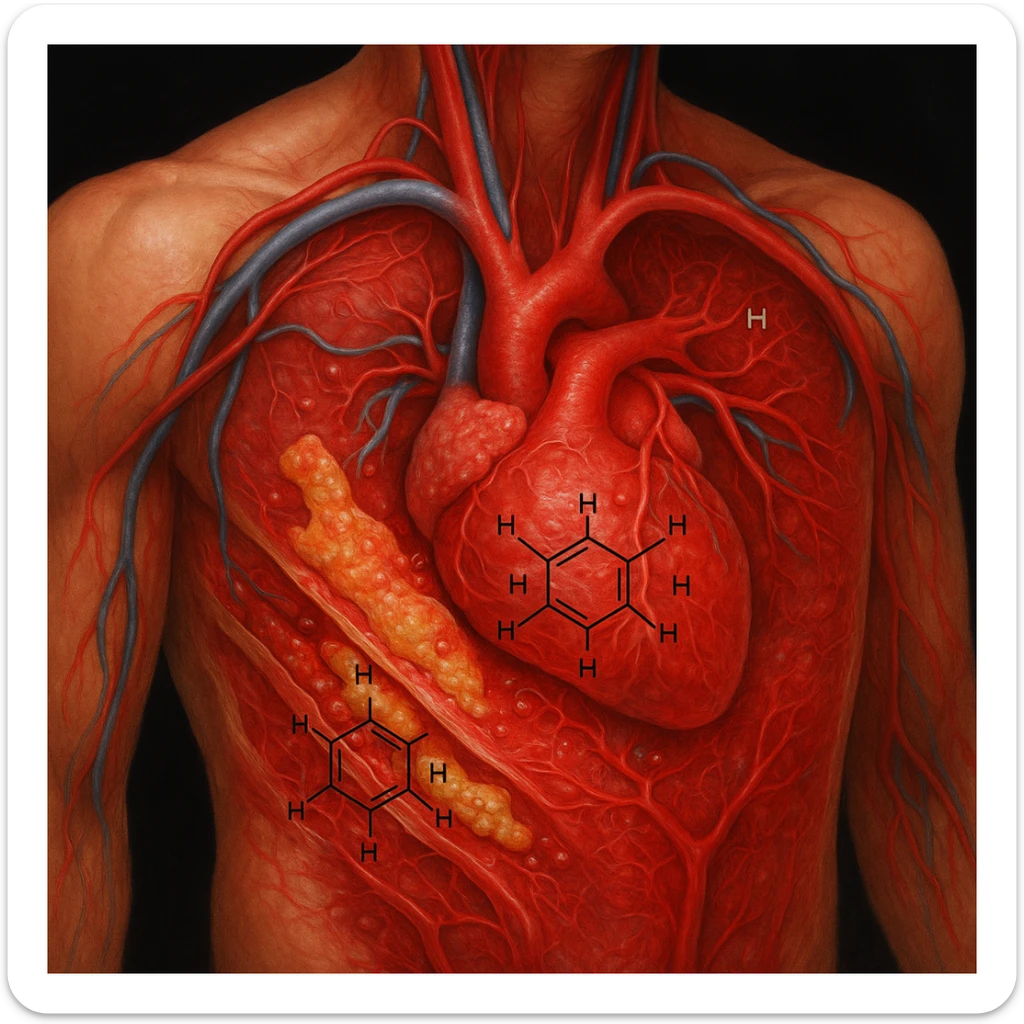 Create a photorealistic medical illustration of the human body section showing anatomy. Represent arteries, tissues, and inflammation realistically as in a true medical image. The flows of oxidized omega-6 fatty acids should appear real, like plaques or genuine inflammations. Hexane molecules should be visible but integrated credibly as chemical residues. The exterior of the body remains strong, while the interior shows inflammation with realistic red tones. sticker