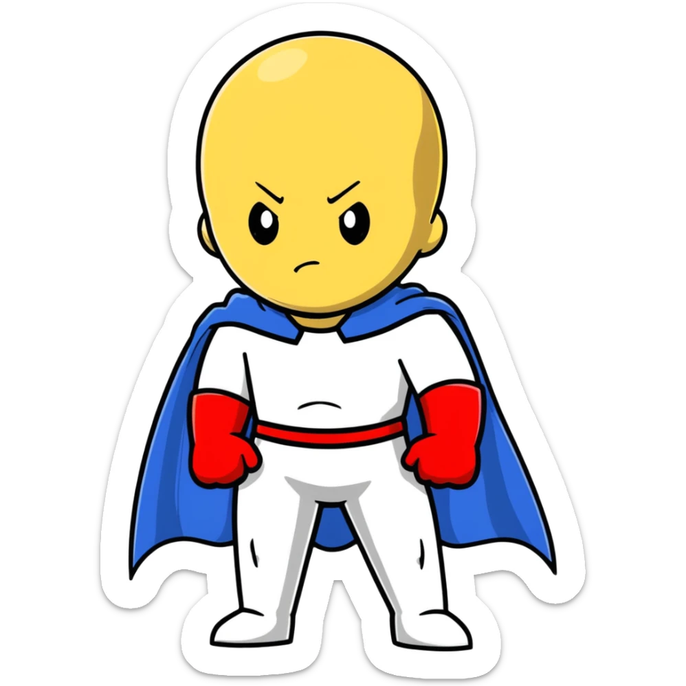 Saitama from One Punch Man, bald head, blank expression, yellow hero suit with white cape, red gloves sticker
