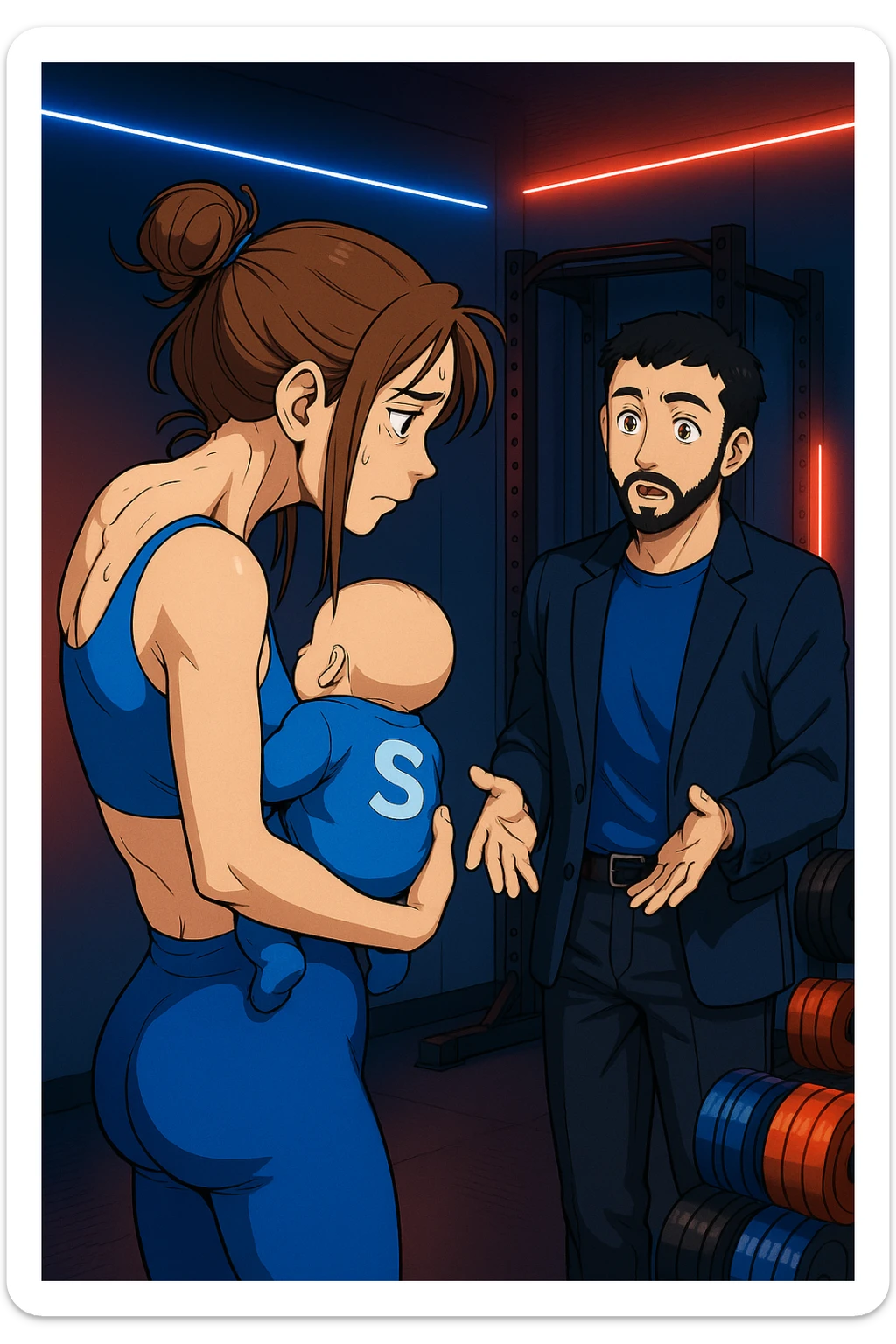 ispirati a questo stile di disegno e fai questa immagine in versione manga/webtoon a colori, il manga mostra la donna preoccupata di profilo con la postura sbagliata e incurvata, spalle chiuse e curve in avanti, con un neonato in braccio con una tutina azzurra e la scritta "S" sulla schiena, spina dorsale storta della donna in evidenza mentre ascolta l'uomo mentre l'uomo gli sta spiegando una cosa, ma non fare i fumetti, fai come se stessero parlando sticker