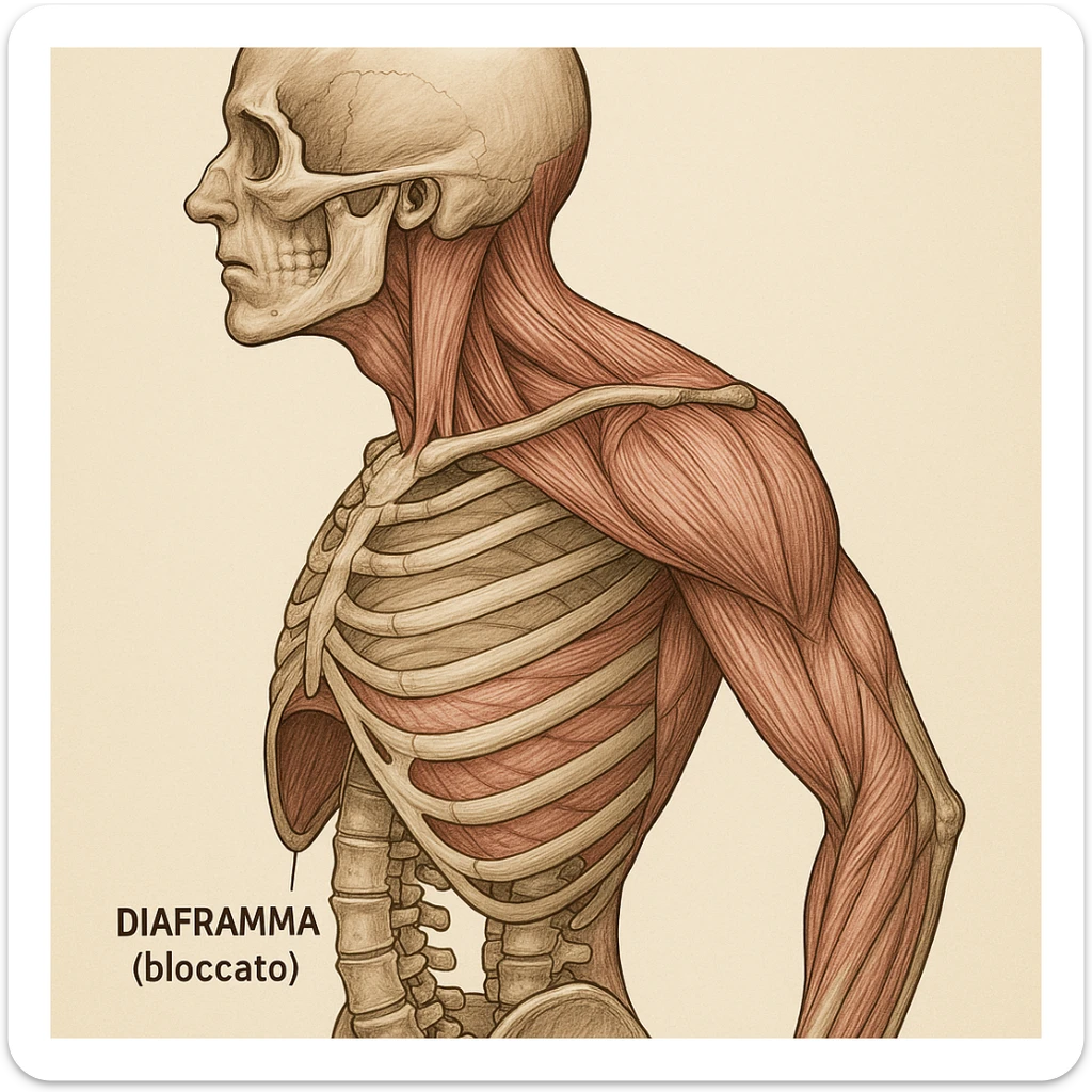 vista laterale del busto umano con diaframma bloccato, muscoli del trapezio e sternocleidomastoideo tesi, scapole evidenziate, didascalia in italiano sticker