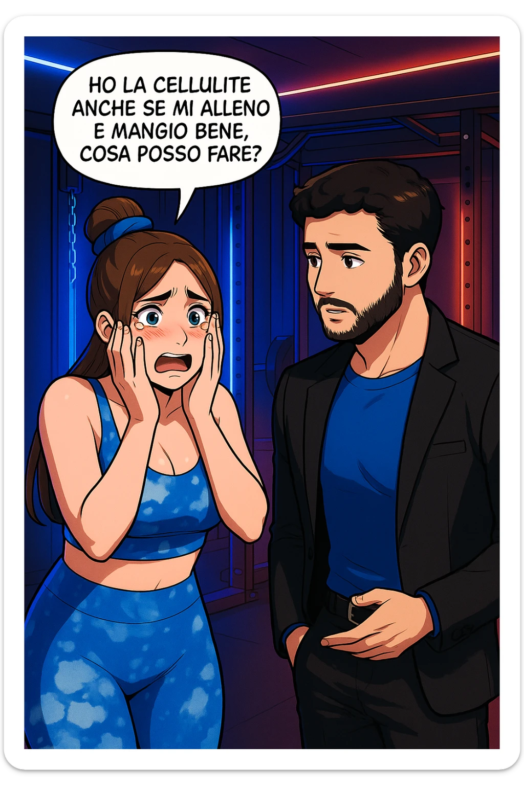 TRASFORMA QUESTO CAROSELLO IN UN FUMETTO STILE WEBTOON/MANGA A COLORI CON QUESTE DUE PERSONE IDENTICHE CHE INTERLOQUISCONO TRA LORO, LA DONNA è DISPERATA CON LE MANI SULLE GUANCE E STA DOMANDANDO TUTTA AGITATA UNA COSA ALL'UOMO:

LEI (DONNA): Ho la cellulite anche se mi alleno e mangio bene, cosa posso fare? sticker