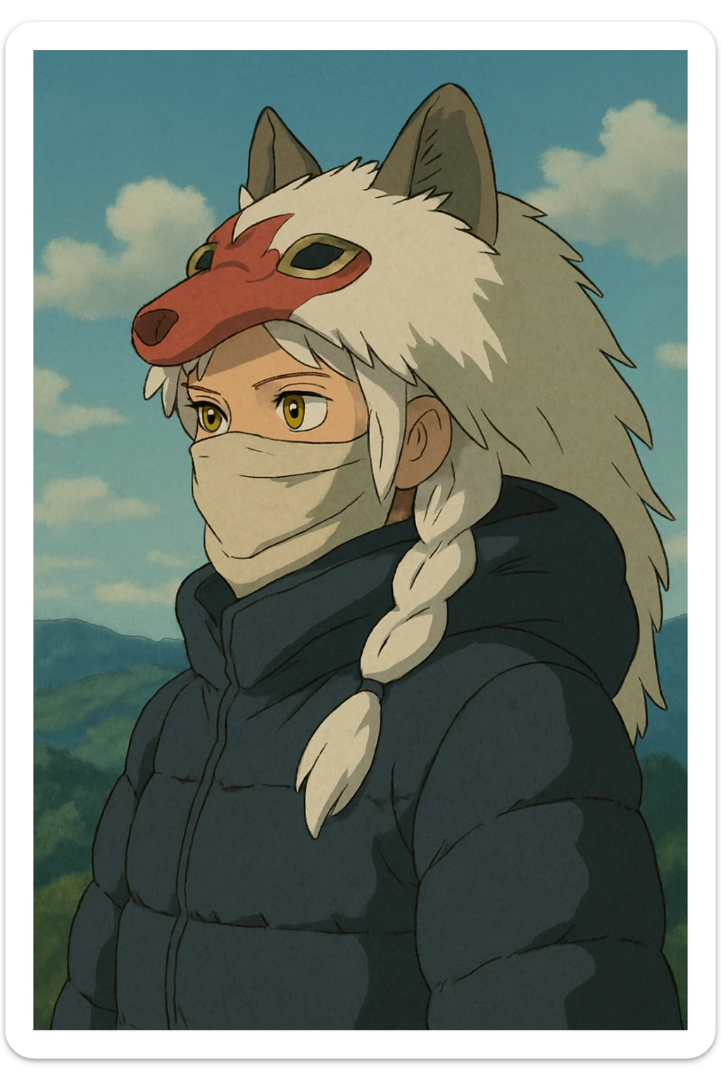 1 female, gold yellow eyes, white hair with a single long braid, wolf headdress, rag face covering, dark colored puffer parka, gazing into the distance sticker