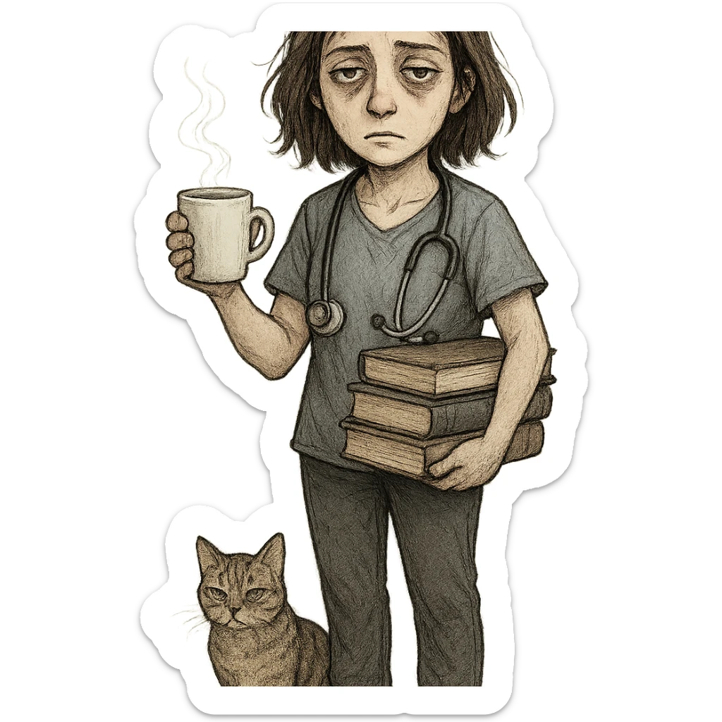 tired woman with shoulder-length brown hair, pale skin, gray eyes, holding a coffee cup, stethoscope around neck, stack of books, cat at feet sticker