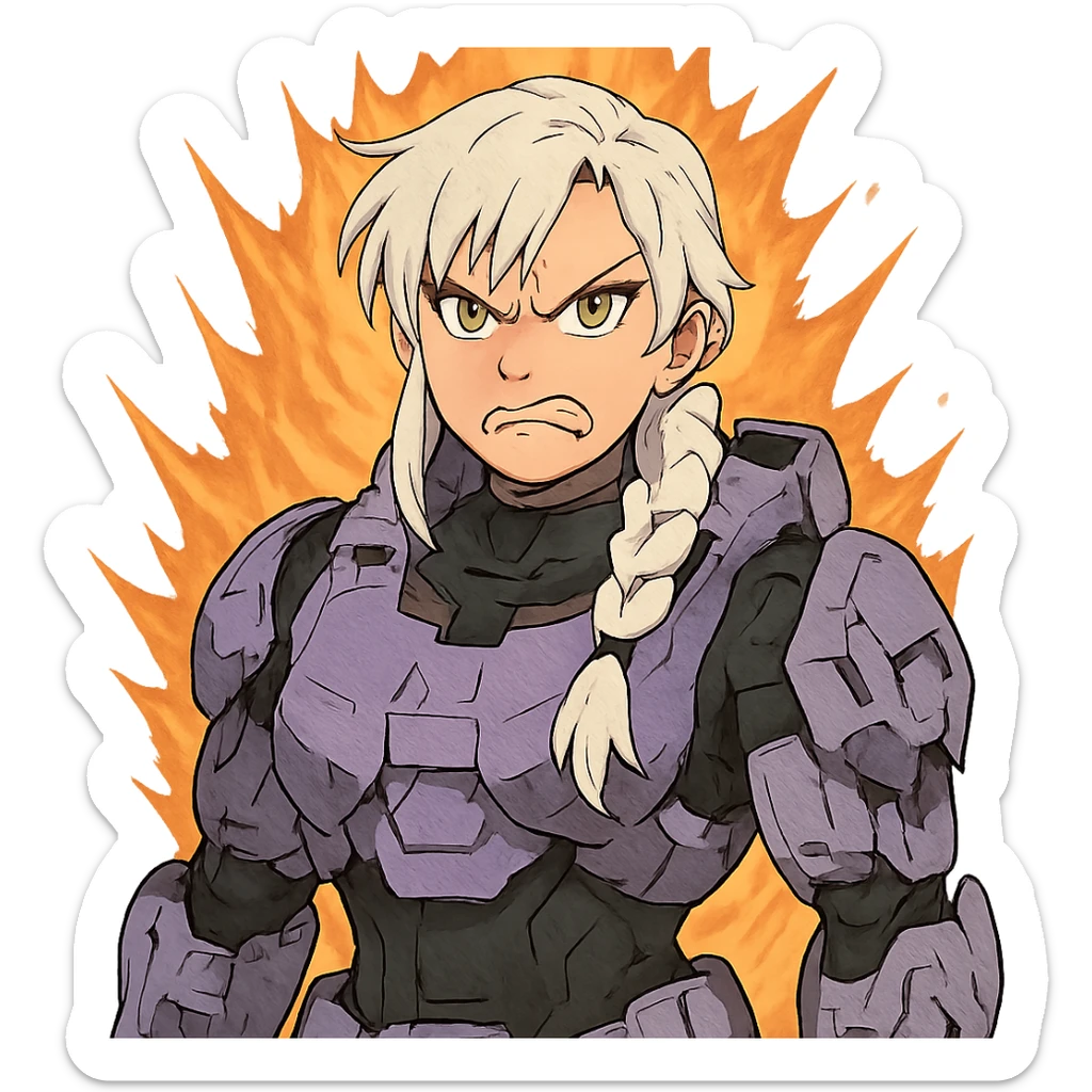 making an angry scowl, frown closed mouth, rage face, rage aura,  female, wearing reach spartan armor shoulder-unequip, long white braid hair with massive messy front side single bangs, gold yellow eyes, attention pose, D-cup size, HALO:series, no helmet, the armor is lavender color scheme, sticker